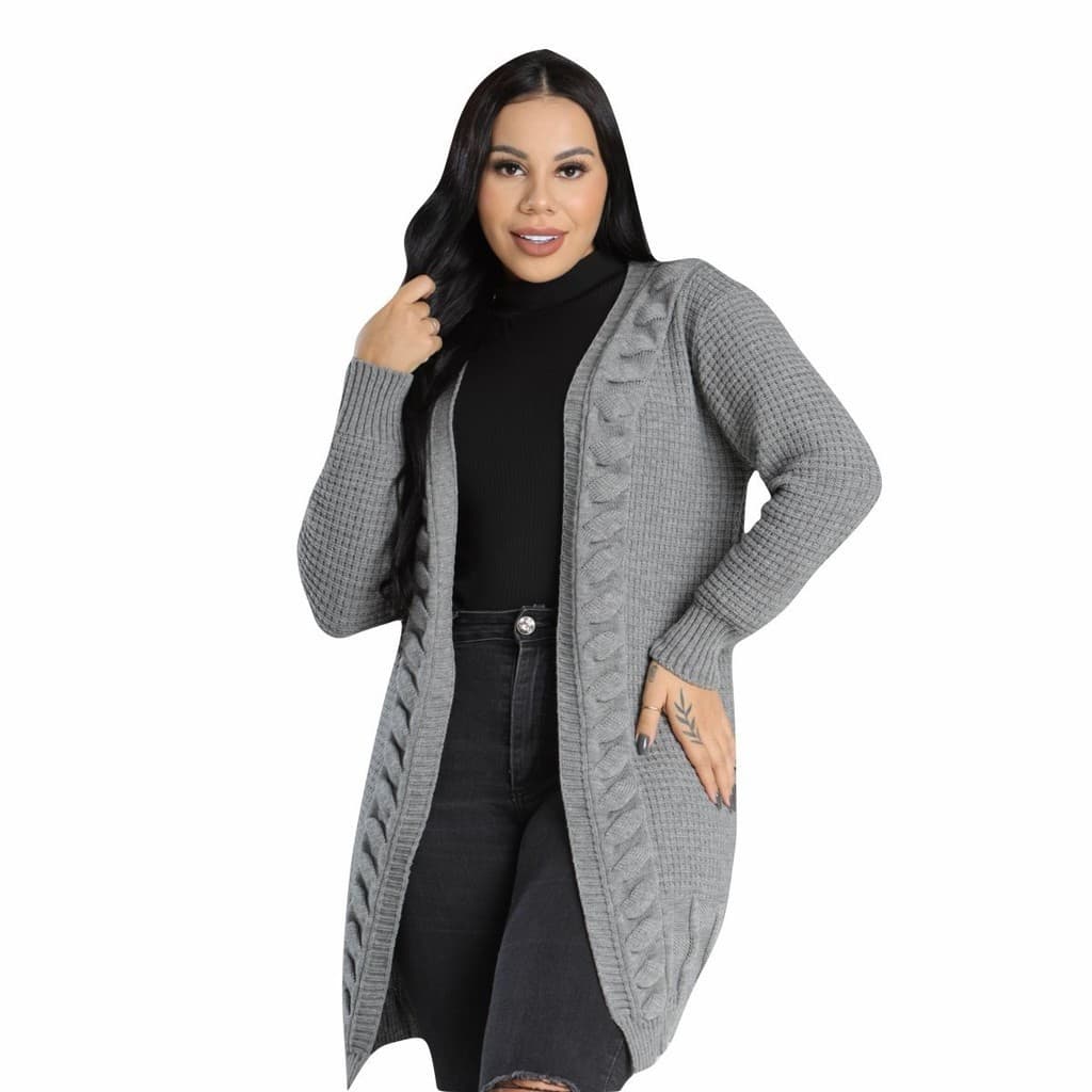 Cardigan Tricô Lã Manga Longa Outono Inverno Feminino