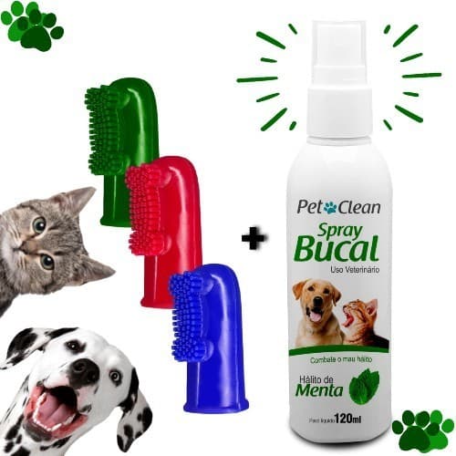 Spray Bucal Contra Mau Hálito + Escovas Dental Dente Para Pet Cachorro Gato Pet Clean 120 Ml