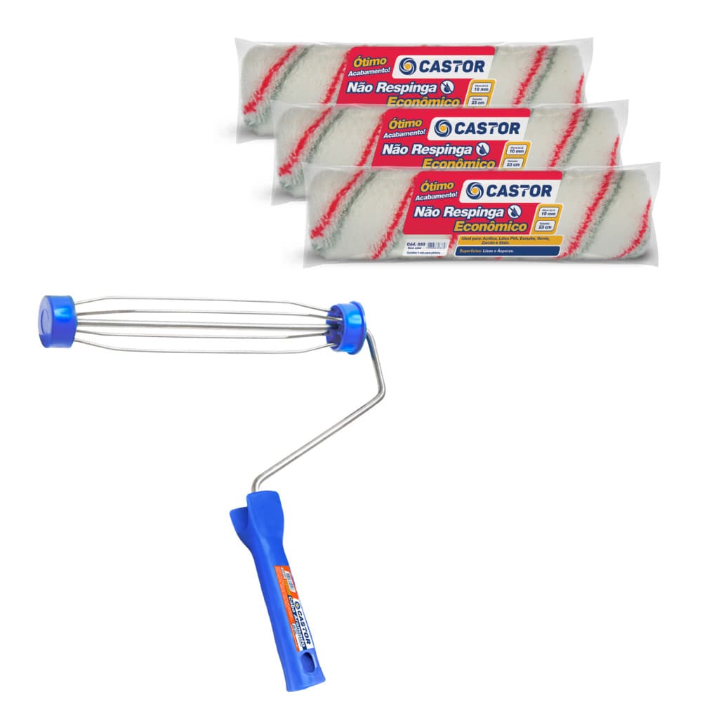 Kit 3 Rolos de Pintura Não Respinga + 1 Cabo - Castor