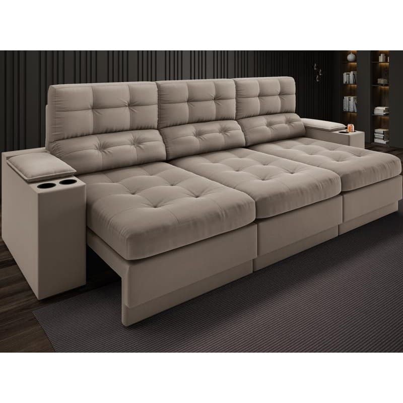 Sofá com Porta Copos e Carregador USB Eureka 2,30m  Assento Retrátil e Reclinável Velosuede Capuccino - NETSOFAS