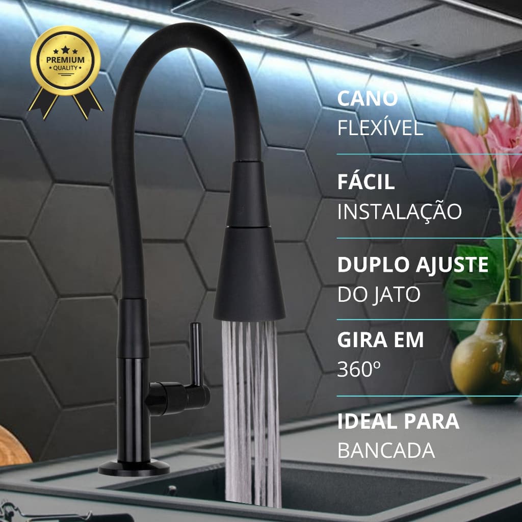 Torneira Bancada Cozinha Gourmet Preta Flexivel 2 Jatos 1/4 de volta para mesa pia bancada e mármore