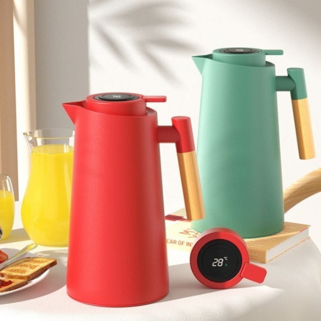 Garrafa Térmica Termometro Digital 1L Café Chá Nórdica Com Cabo Madeira