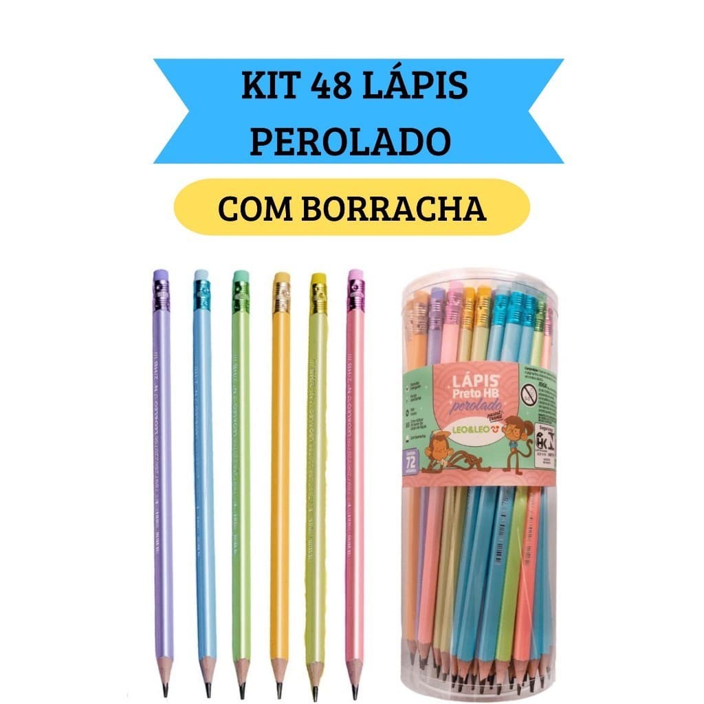 Kit 48 Lápis Tom Pastel Perolado com Borracha de Escrever Escolar Ponta Resistente Leo&Leo