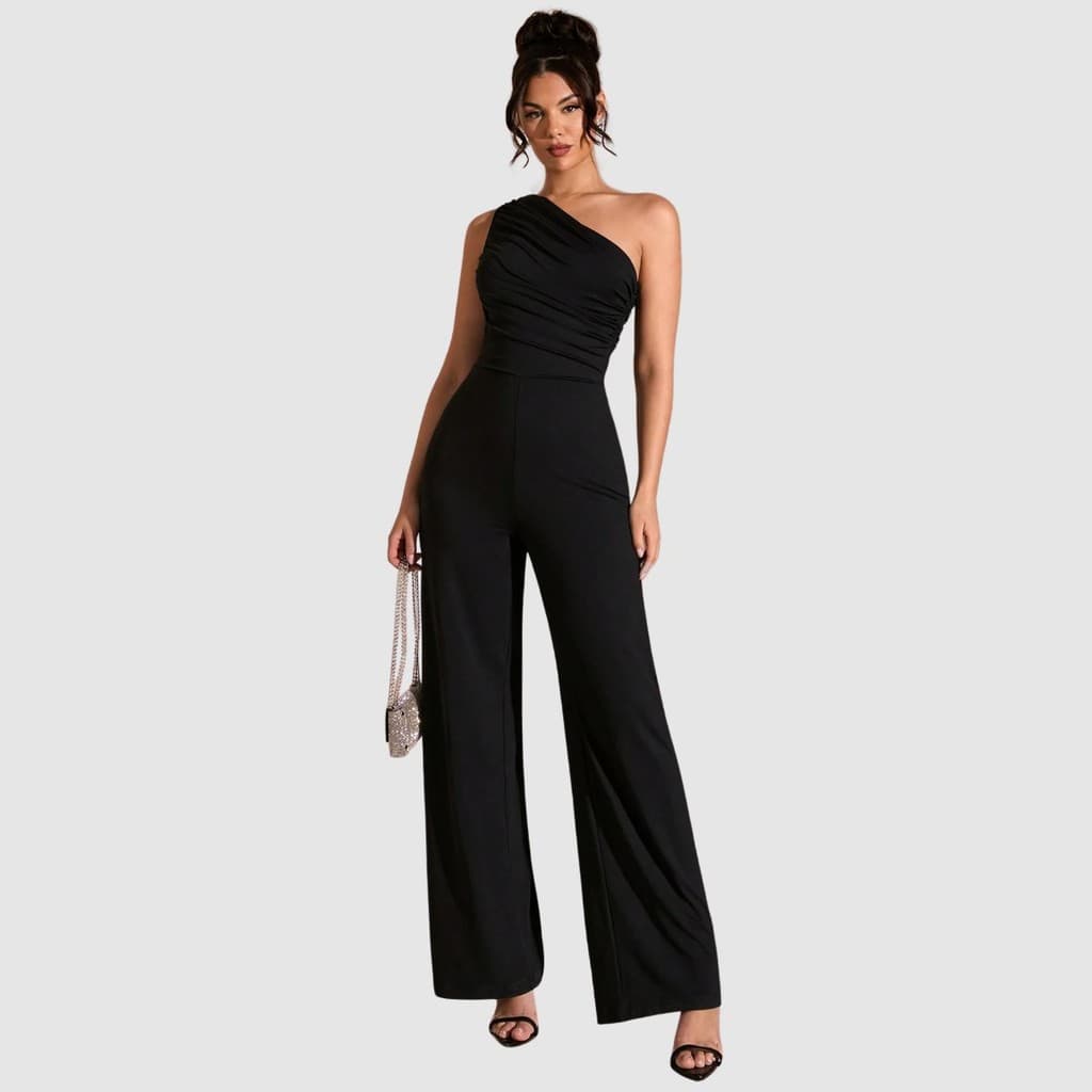 Macacão Feminino Plissado Regata Longo Pantalona Ombro Só Preto