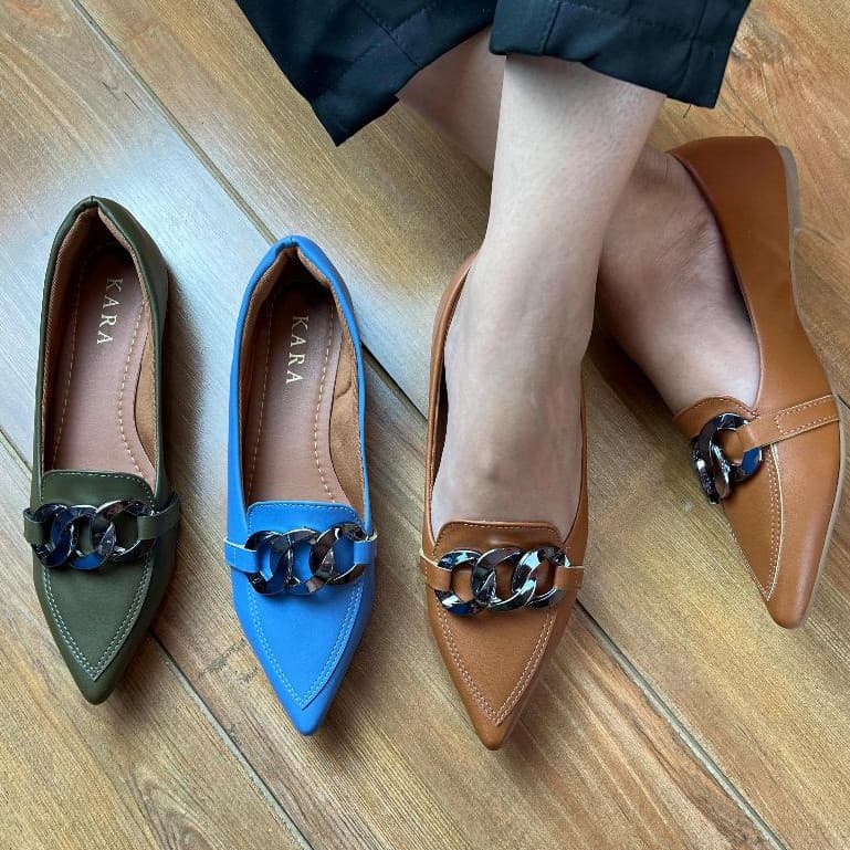 Sapatilha Rasteira feminina Verde e Marrom Mule Corrente Preta Confortavel