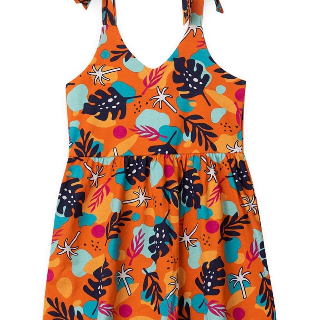 Vestido Feminino Infantil Verão Folhagem Laranja