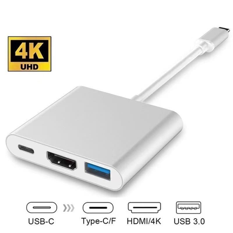 Adaptador Hub Tipo-C 3 em 1 para HDMI, USB 3.0 Conversor 4K