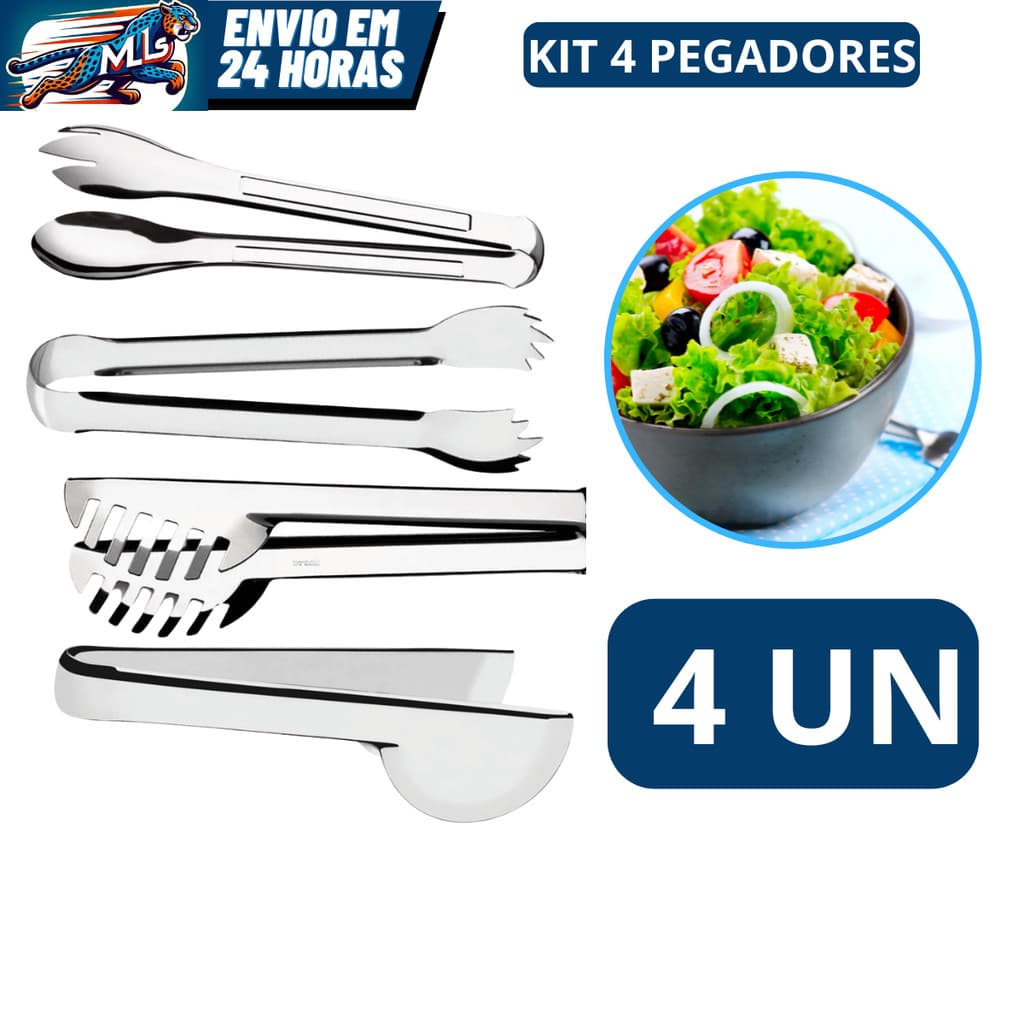 Kit 4 Peças Pegador de Massa de 20cm Pegador de Salada Pegador Universal de 20cm Pegador de Gelo de 18,5cm em Aço Inox