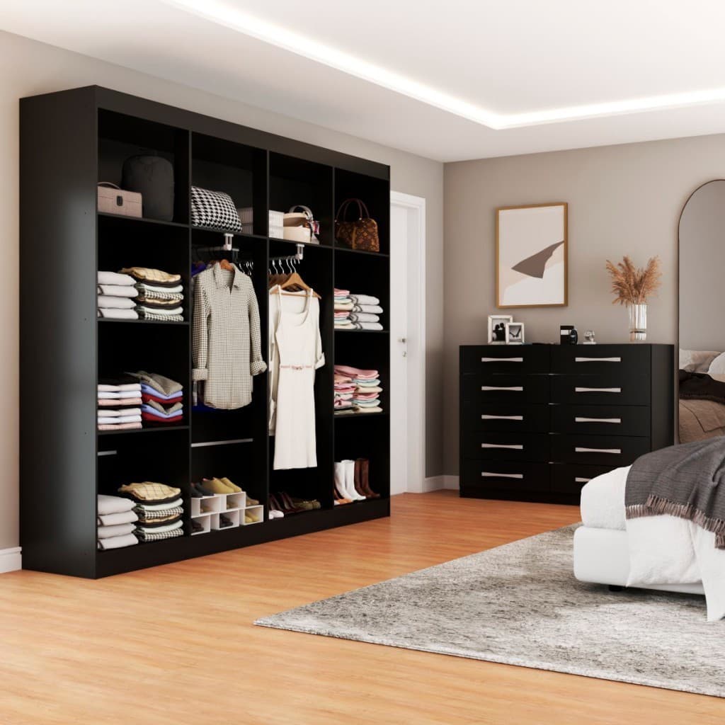 Quarto de Casal Ele e Ela Closet 8 Prateleiras Cômoda 10 Gavetas