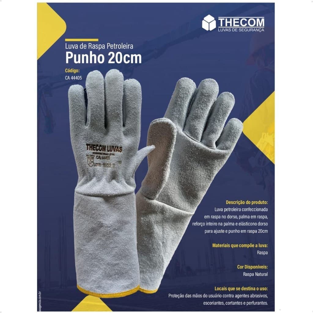 Luva EPI Couro Raspa Petroleira Cano Longo 20cm Reforçada CA 44.405