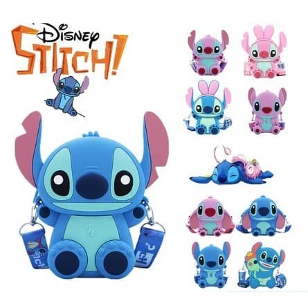 Bolsa Stitch Silicone Azul Rosa Pequena Porta Celular Tiracolo Ajustável Feminina Infantil