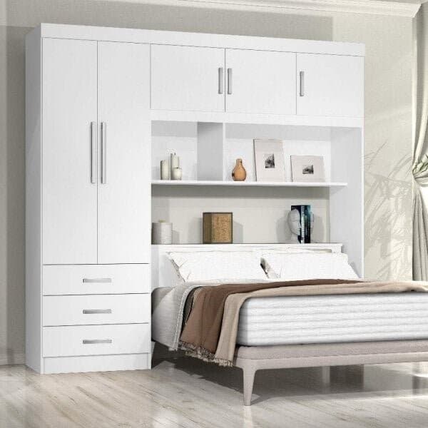 Guarda-Roupa Casal com Cabeceira Baú 5 Portas 3 Gavetas e Prateleiras Cancun Espresso Móveis Branco