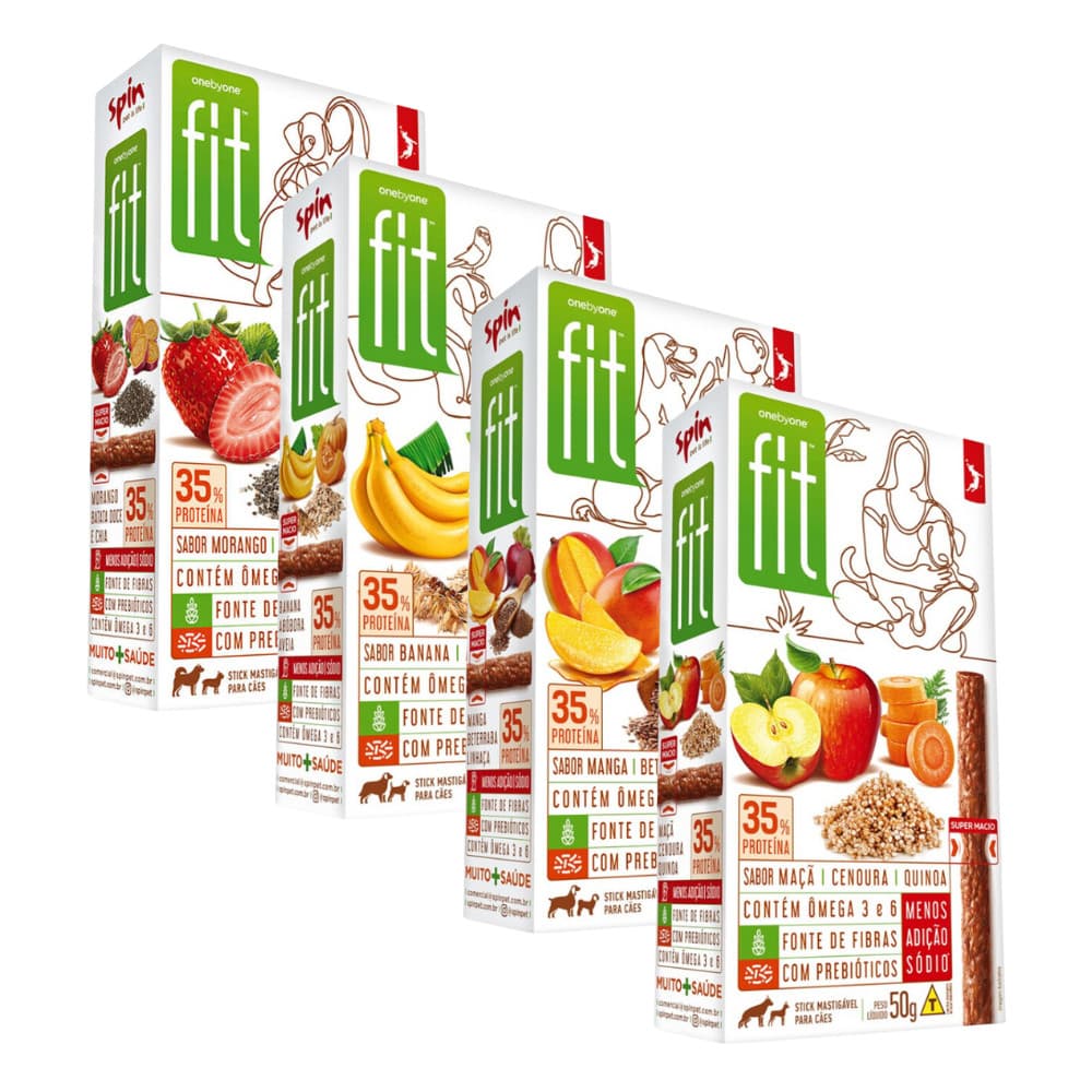 Spin Onebyone Fit Petisco para Cachorros Mix Banana, Maçã, Morango e Manga - 50g - Kit 4 Unidades