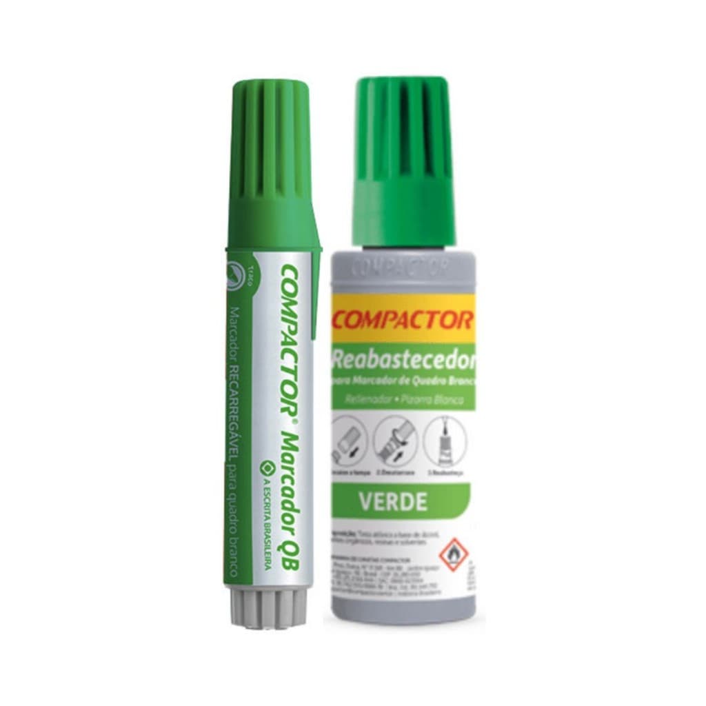 KIT MARCADOR DE QUADRO BRANCO + REFIL REABASTECEDOR COMPACTOR - VERDE
