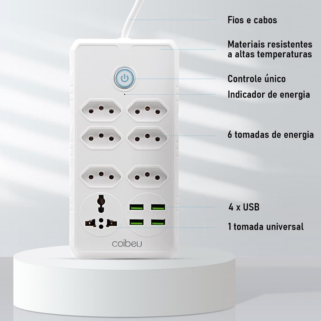 Régua Filtro de Linha com 7 Tomadas Extensão Elétrica 1 Universal 4 USB Bivolt 10A 110v/220v