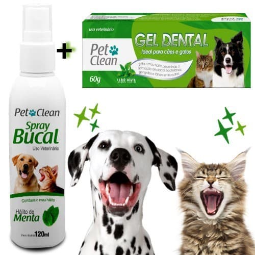 Kit Creme Dental + Spray  Bucal Pet Clean Elimina Mau Hálito e Anti Tártaro Caes E Gatos