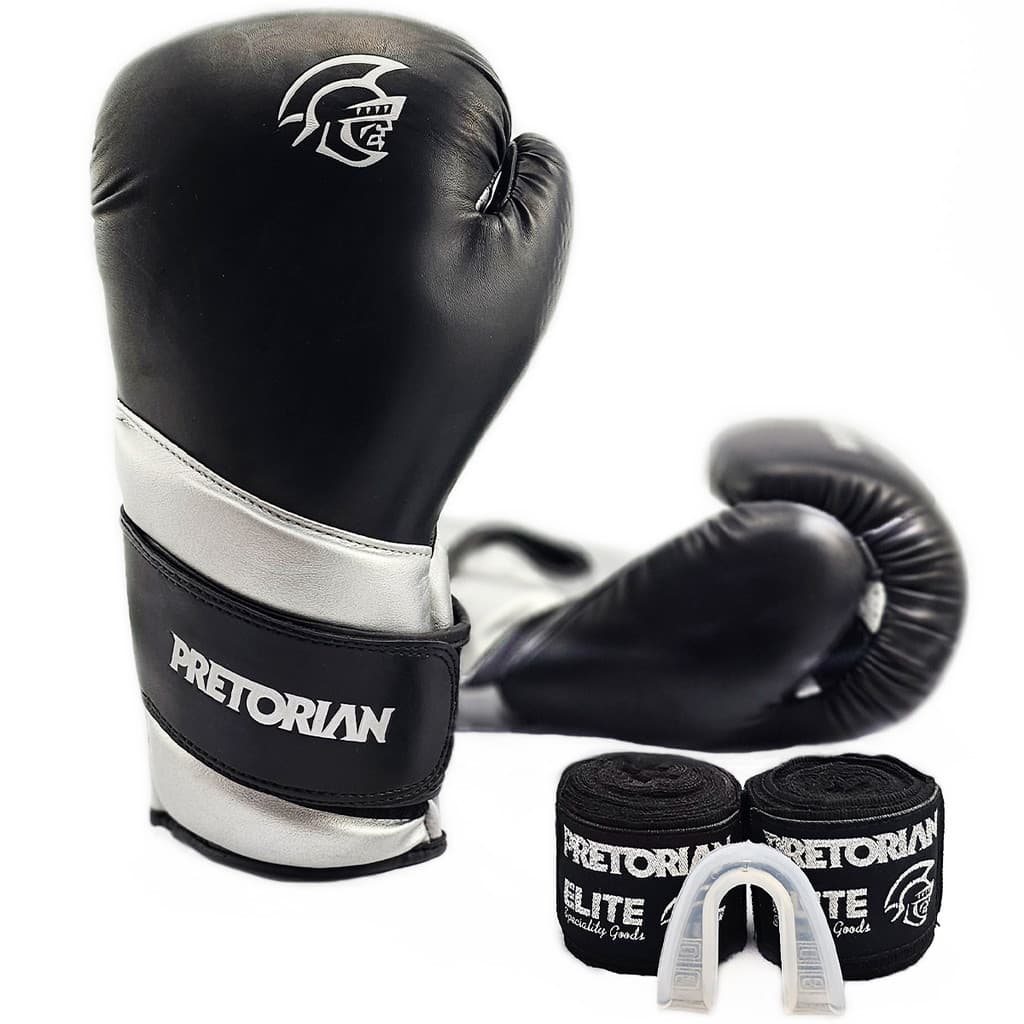 Kit de Muay Thai, Boxe com Luvas Elite para Sparring, Treinos + Bandagem + Bucal - Pretorian