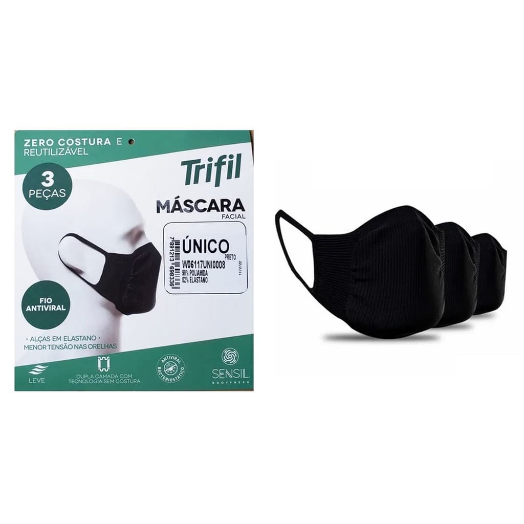 Kit com 3 Máscaras de Proteção Trifil Original Lavável Confortável Antiviral W06117