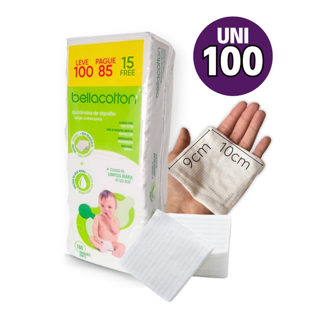 Algodão quadrado bebê bellacotton 100 unidades