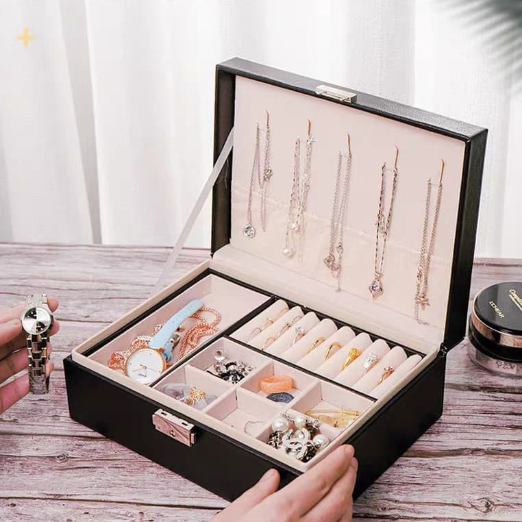 Caixa Organizadora De Jóias Feminina Em Couro Com Duas Camadas/Anéis/Colar Fecho