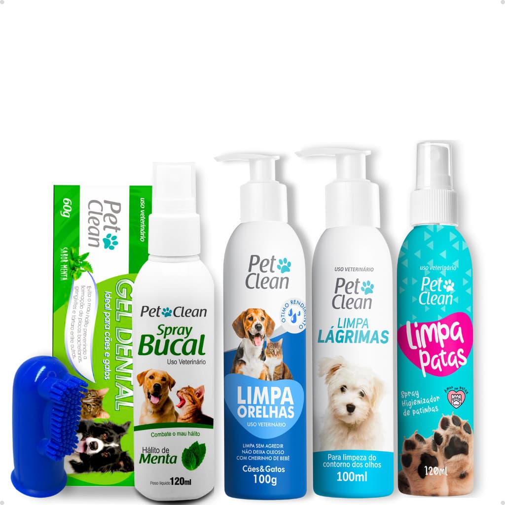 Kit Higiene Completo Limpa Lágrimas Ouvidos Patas Spray Bucal Gel Dental Menta Dedeira Pet Clean