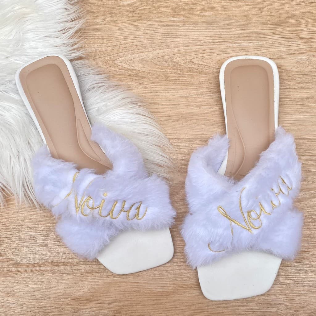 Pantufa Trançada Noiva em Pelúcia – Confortável e Elegante para o Dia do Casamento – Presente para Damas de Honra