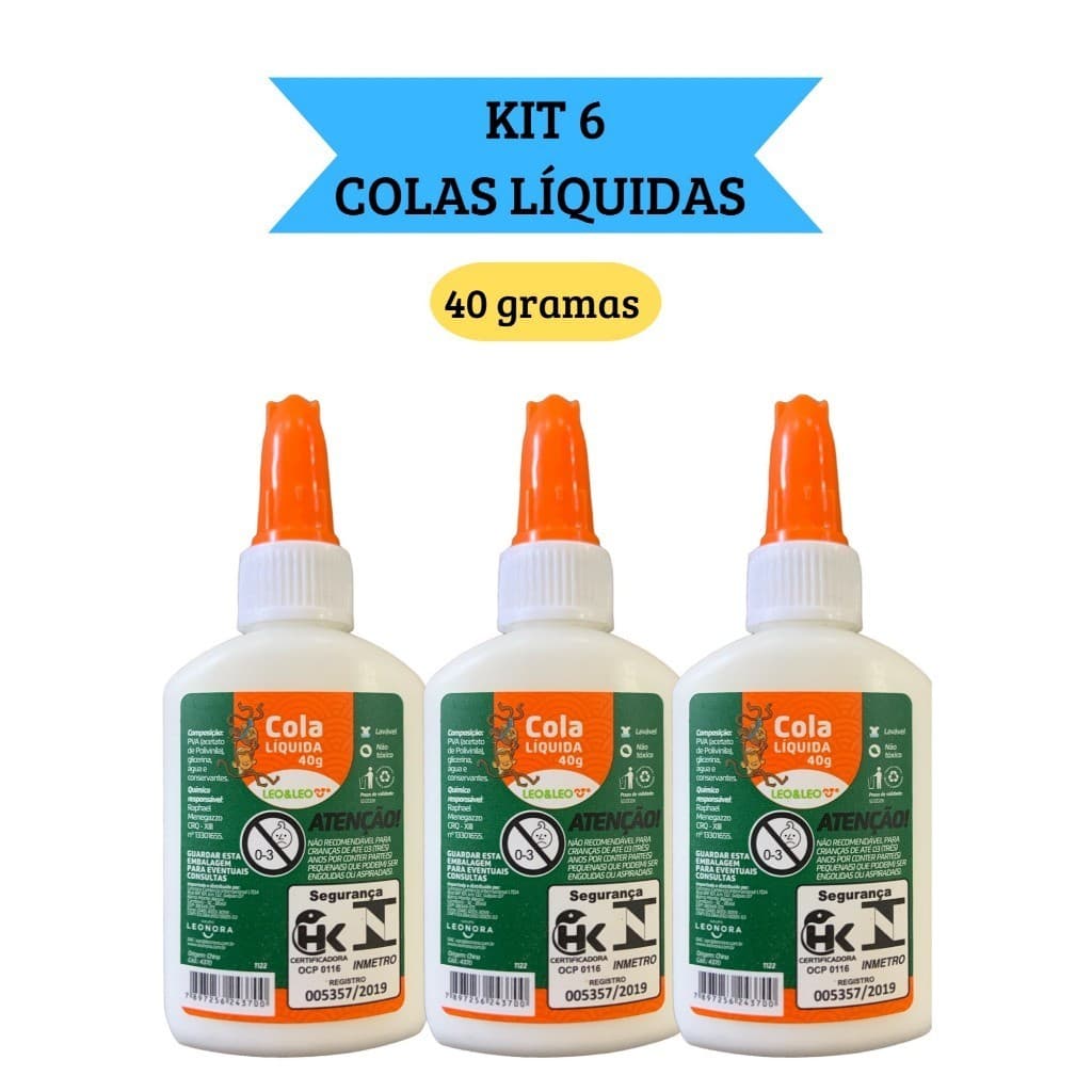 Kit 6 Cola Líquida Branca Escolar 40g com espátula Leo&Leo