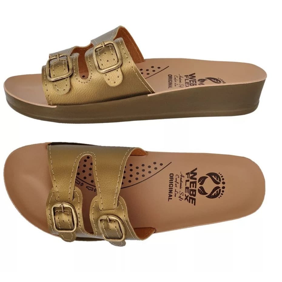 Chinelo Ortopédico Feminino Anatômico Webe Flex Dourado Confortável Fascite Plantar Esporão