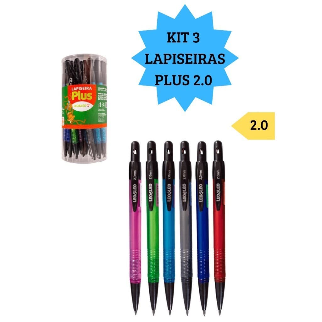 Kit 3 Lapiseiras 2.0 Plus Escolar Escritório Escrita Macia Diversas Cores Com Apontador Leo&Leo