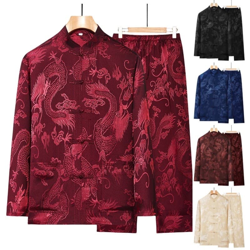 Conjunto Roupas Masculinas Bordado Dragão 2 Peças Camisa Manga Comprida Calça Solta Hanfu Tradicionais Chinesas Kung Fu