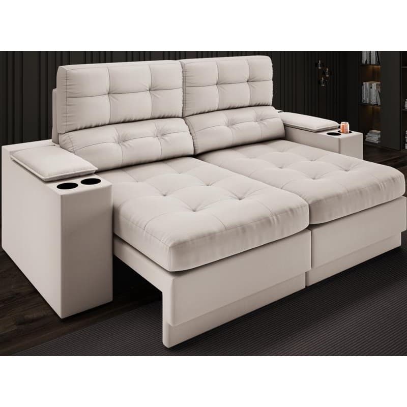 Sofá com Porta Copos e Carregador USB Eureka 1,70m Assento Retrátil e Reclinável Velosuede Areia - NETSOFAS