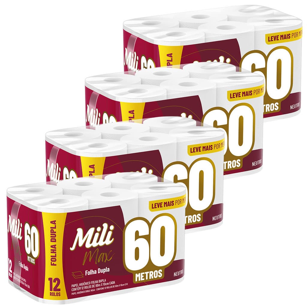 Kit 4 Fardos Papel Higiênico Folha Dupla Mili 12 Rolos com 60 Metros Max Neutro -  Kit  2880 Metros de Papel
