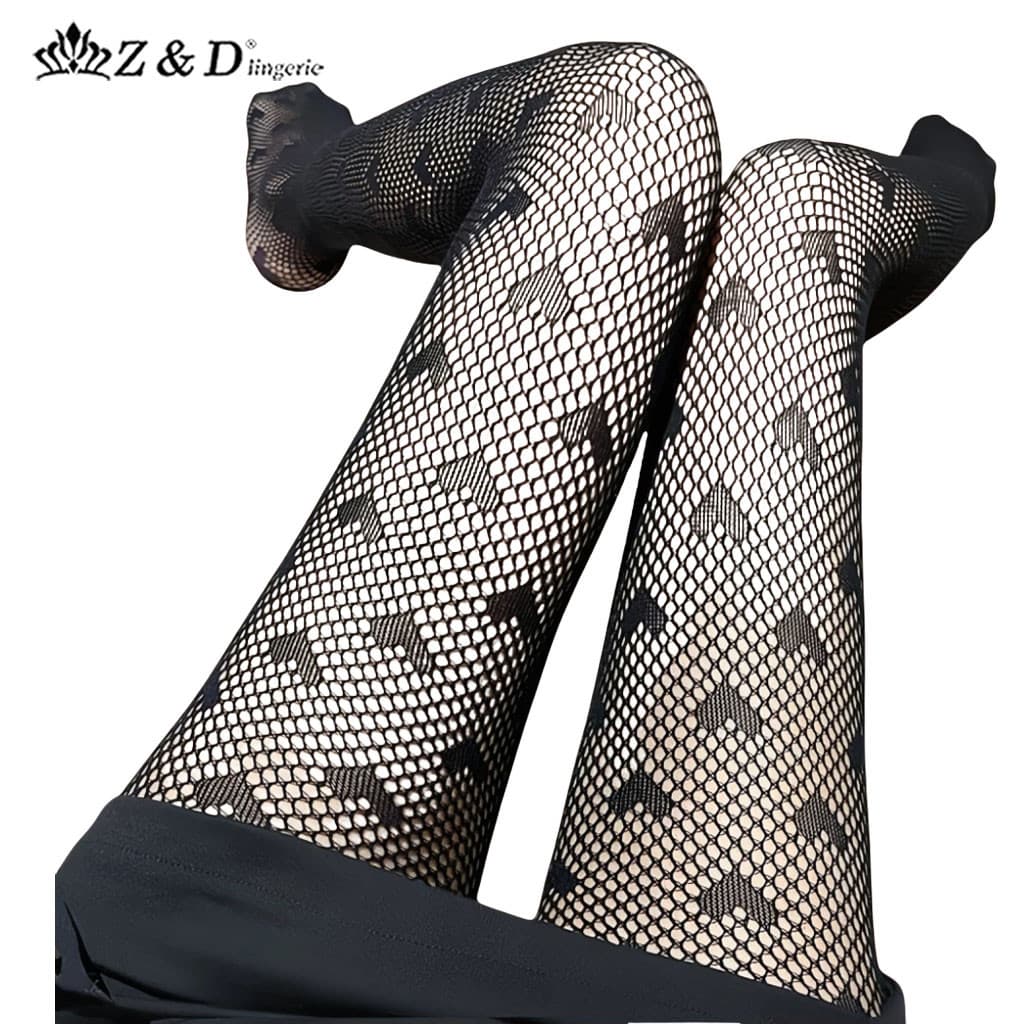 Z&D Lingerie Meia Calça Arrastão Adulto Cor Preto Com Estampa Coração LZ001