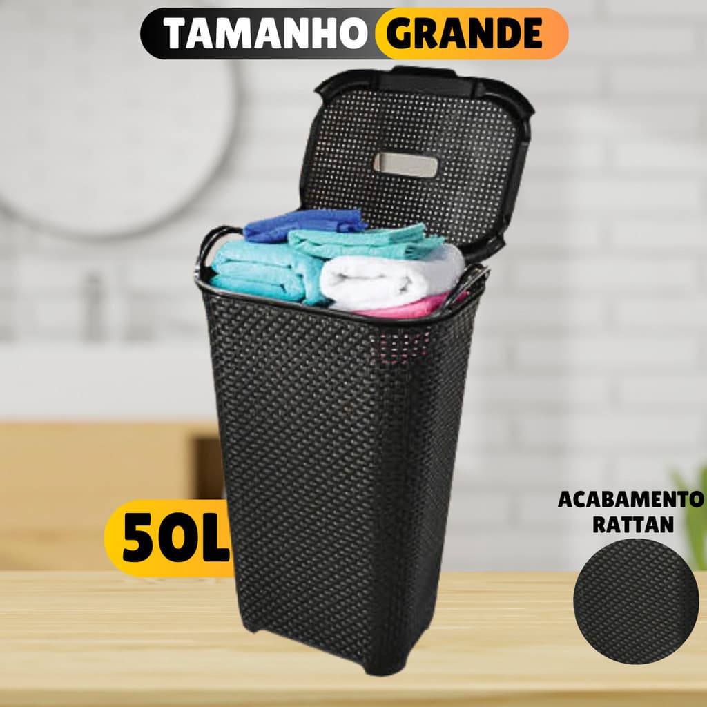 Cesto Para Roupa Suja Retangular 50 Litros Rattan Com Tampa Multiuso Flexível Organizador Brinquedos Lavanderia Quarto