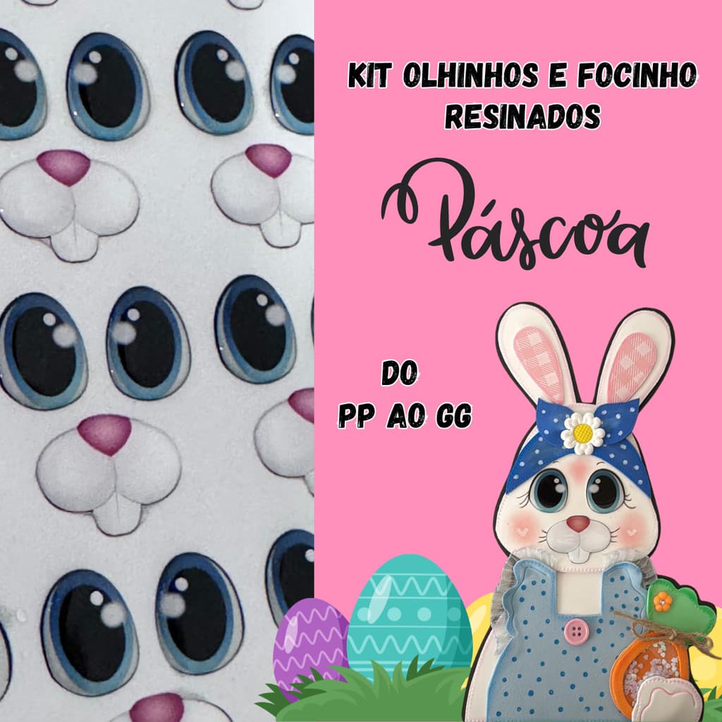 Kit Olhinhos Resinados Pascoa Coelho Biscuit EVA Feltro Adesivos Focinho Coelhinho Massa Olho