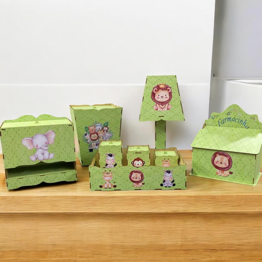 Kit Higiene Para Bebê 8 Peças Safari Aquarelado Adesivado Decoração Quarto Infantil