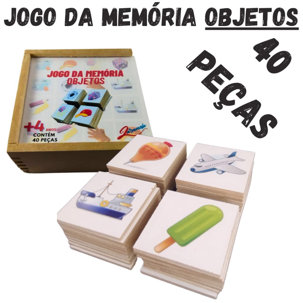 Jogo da Memória Objetos Brinquedo Educativo Infantil Pedagógico Alfabetização Madeira Menina Menino