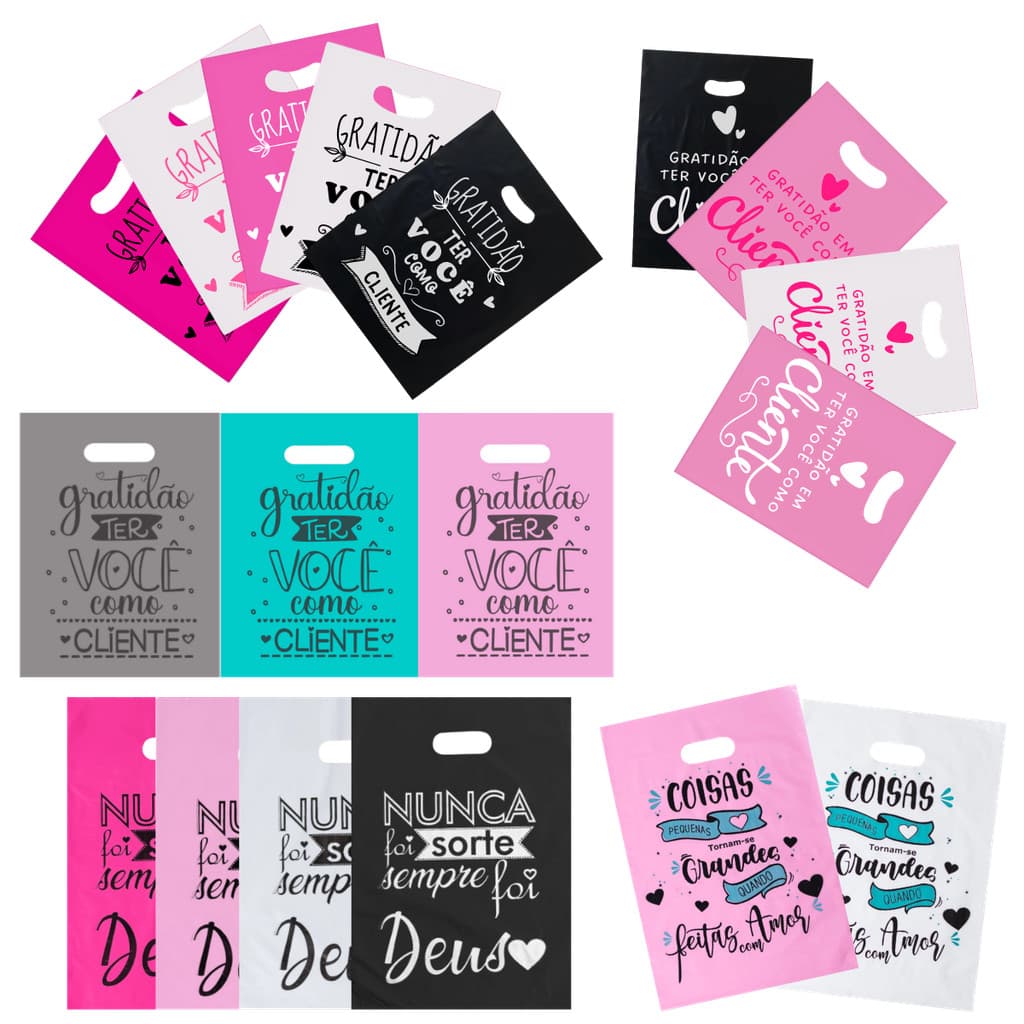 50 Sacola Boca de Palhaço Personalizada P, M e G Diversas Estampas Sacolinha Alça Vazada Frase Gratidão, Nunca foi Sorte