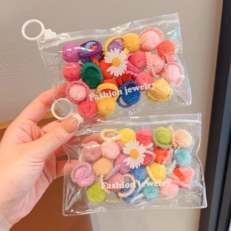 Conjunto de 20 Elásticos de Cabelo para Crianças com Pompons e Bolsa de Armazenamento