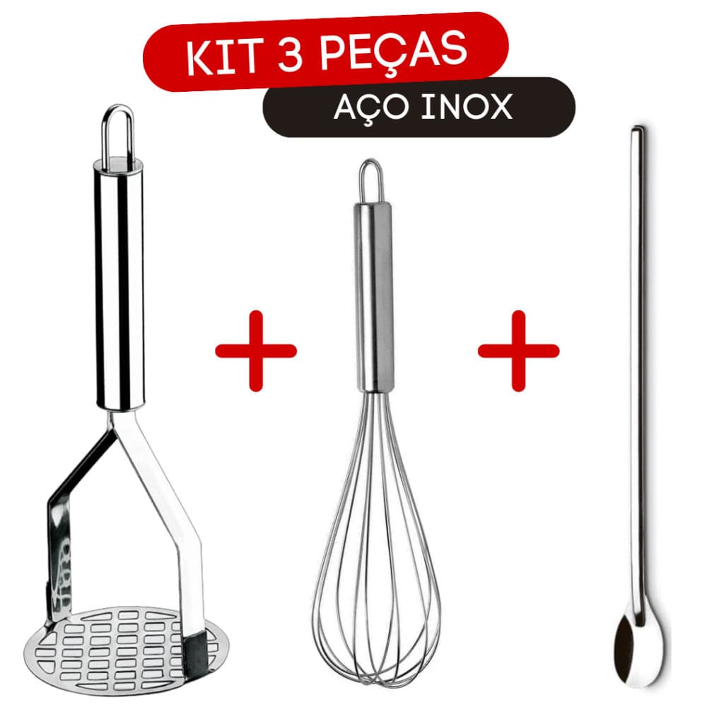 Kit 3 peças Amassador de Batata Inox + Batedor de ovos  Fue + Colher Suco Bailarina