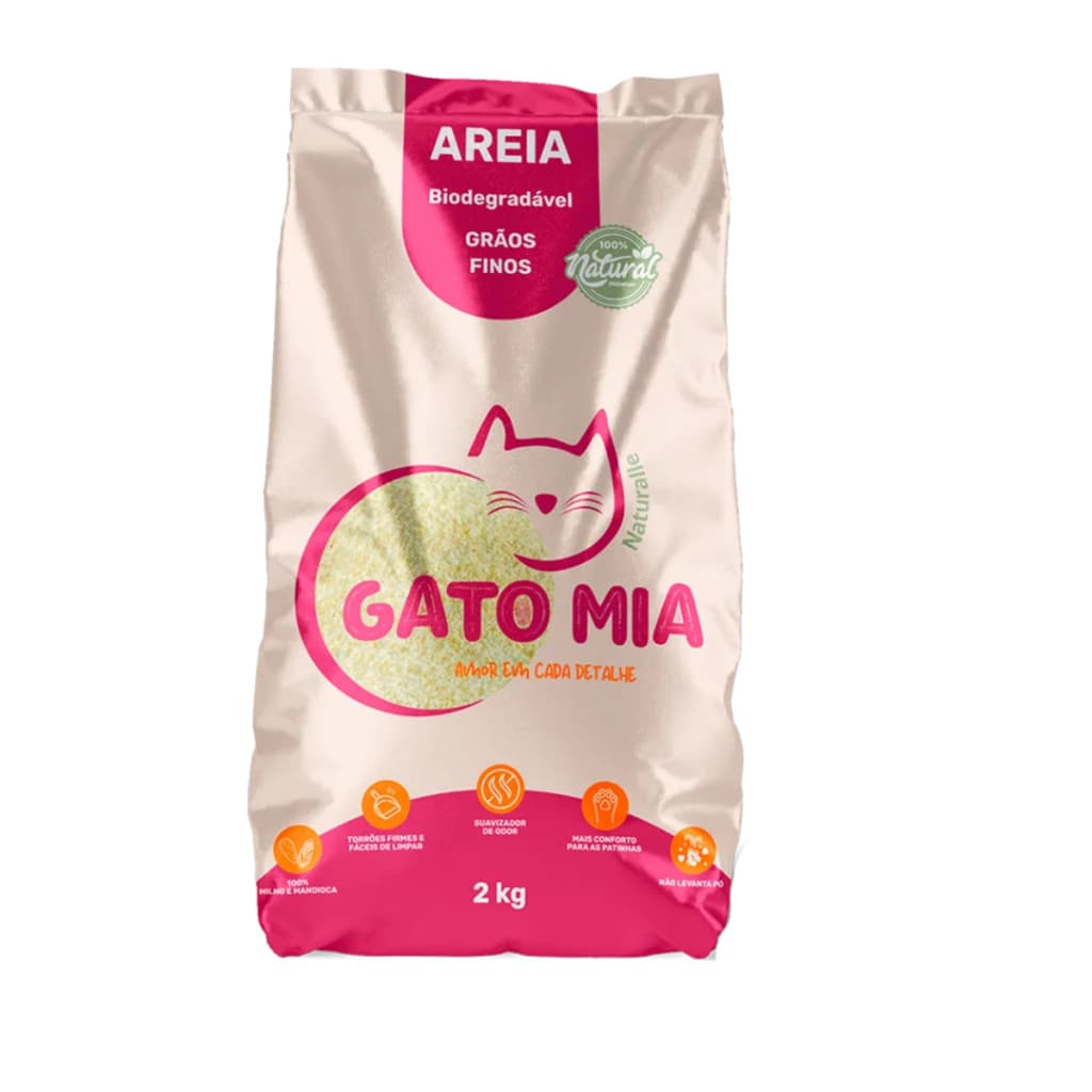 Areia Higiênica Biodegradável para Gatos Gato Mia 2kg | Milho e Mandioca Grãos Finos, 100% Natural