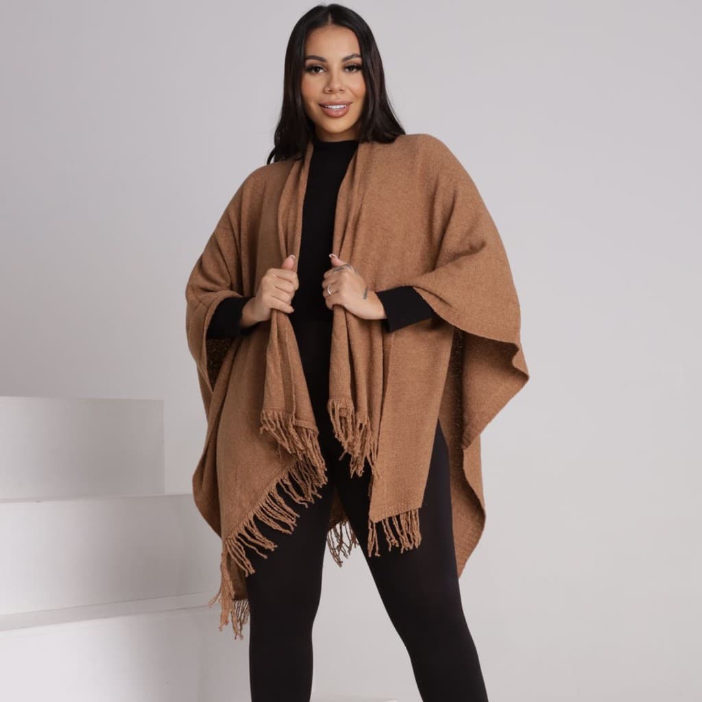Chale Capa Kimono Poncho Blusa Feminina Trico Manga Longa Inverno Lã