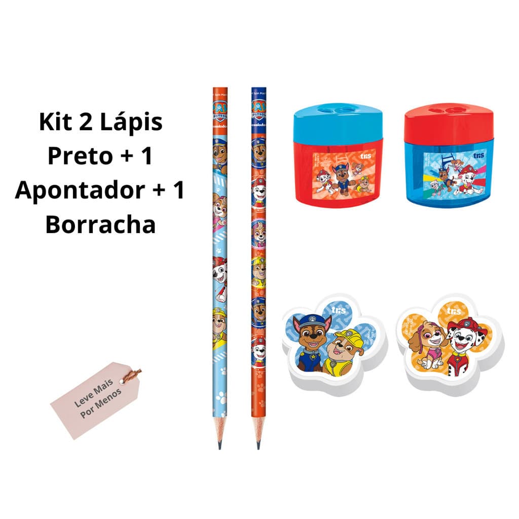 Kit Patrulha Canina 2 Lápis preto + 1 Borracha + 1 Apontador - Tris