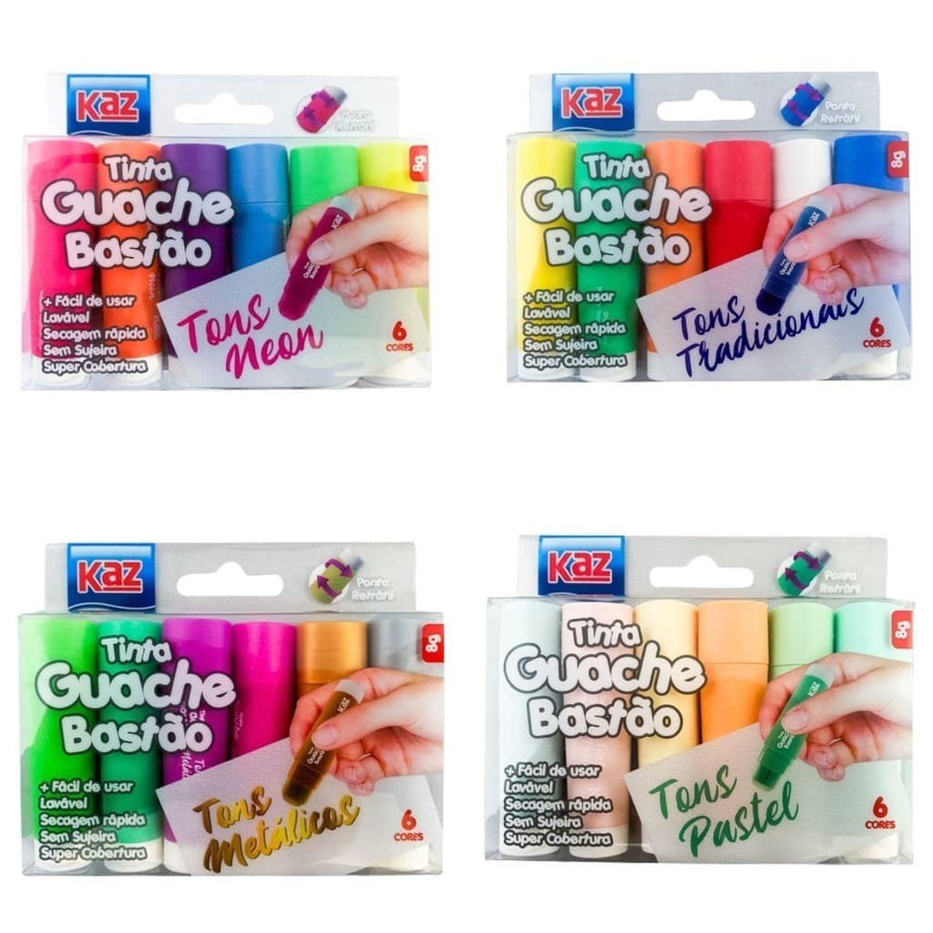 Tinta Bastão Guache 6 Cores Escolar - 4 Tons Diferentes