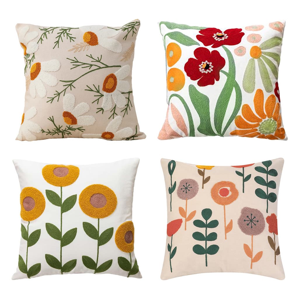 Kit 4 Capas de Almofada 45x45cm Bordado Artesanal Decoração Sofá e Cama Confortável N1022