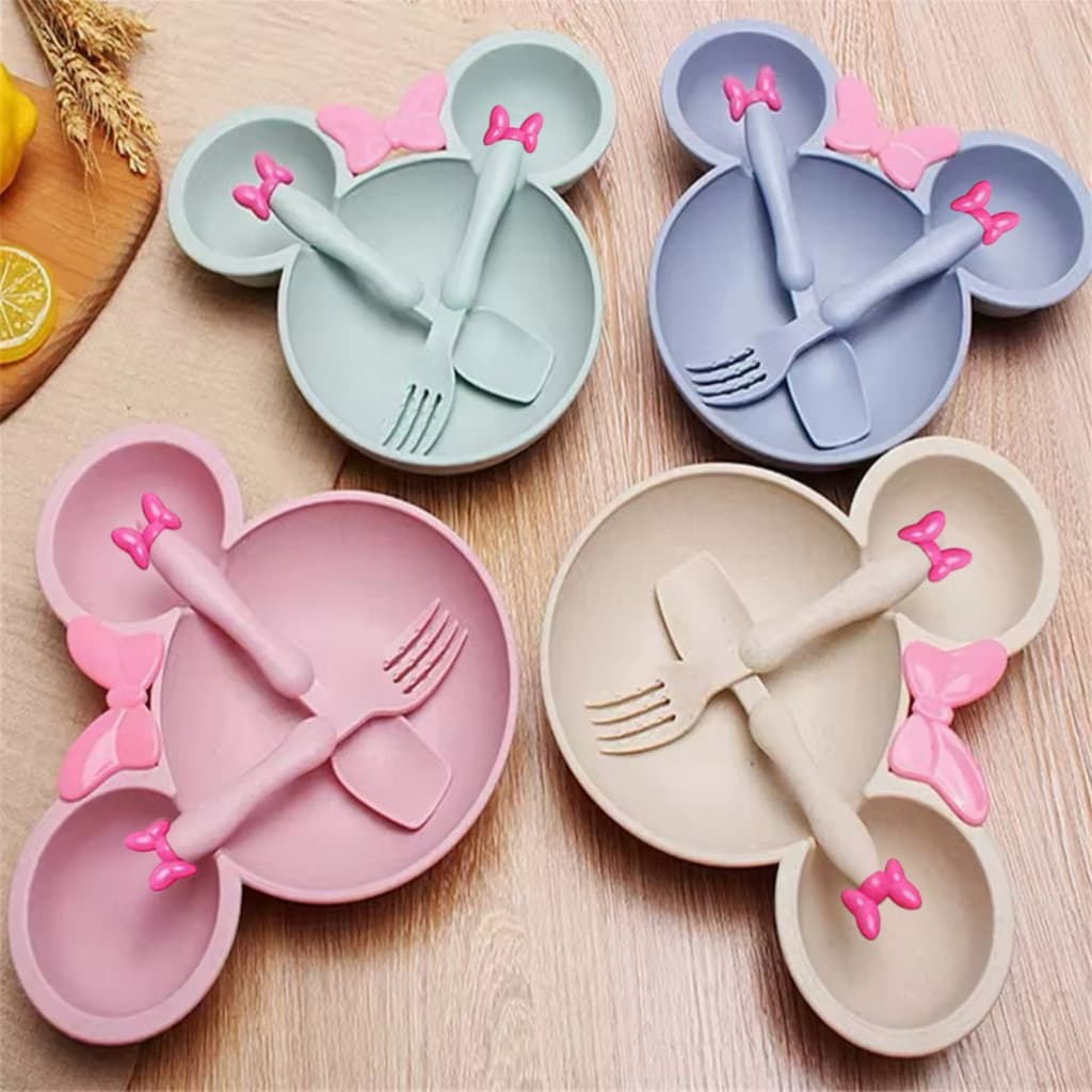 Prato Minnie Mickey com 3 Divisórias Infantil Com talheres Colorido Alimentação Criança Disney fofo