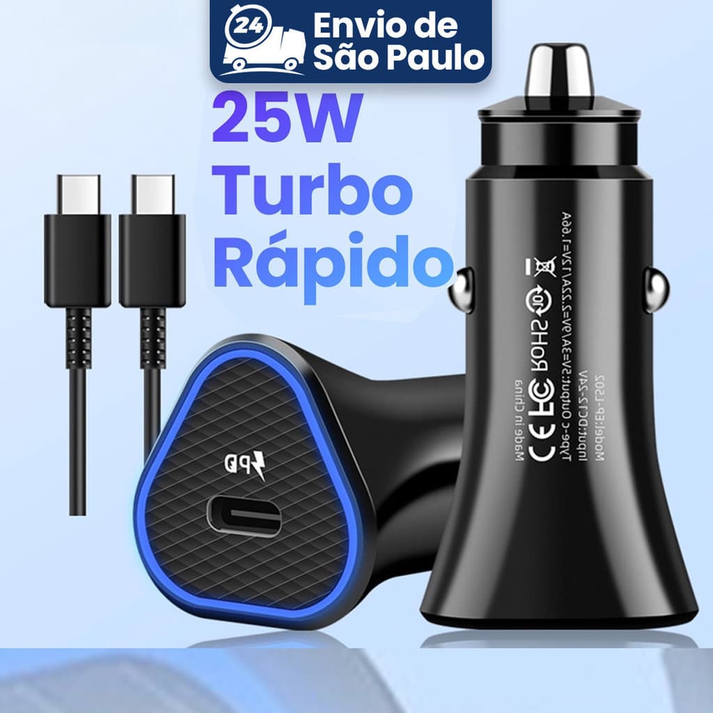 Carregador para Celular Veicular Carro Fonte entradas USB Turbo Rápido 25W Carregamento Rápido