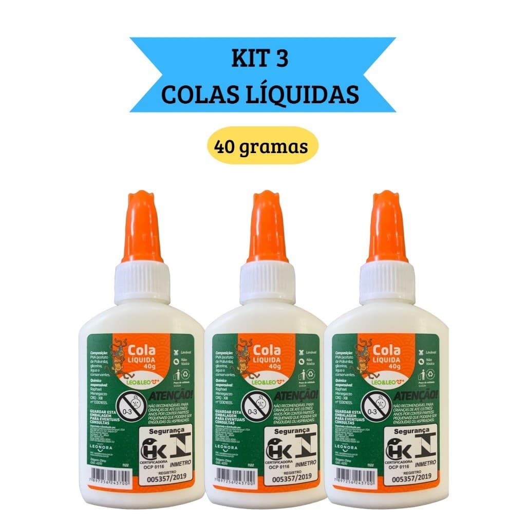 Kit 3 Cola Líquida Branca Escolar 40g com espátula Leo&Leo