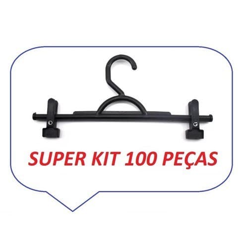 100 Cabides Plástico Preto Saia E Calça Bermuda + 200 Presilhas