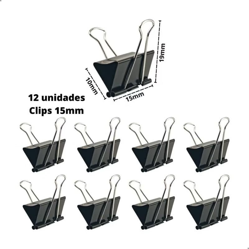 Kit 12 Unidades Clips Borboleta Prendedor De Papel Binder 15/25mm preto